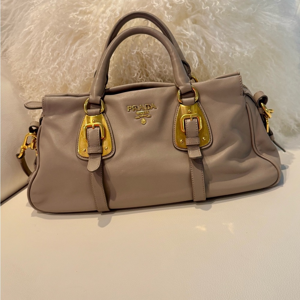Prada Bauletto Taupe grey calfskin handbag
